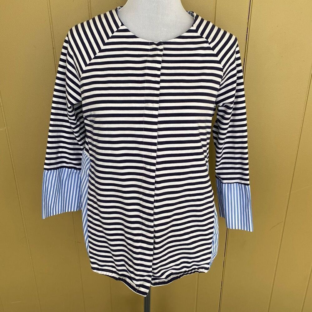 Foxcroft NYC women M snap front stripe shirt jacket w/pocket black white blue